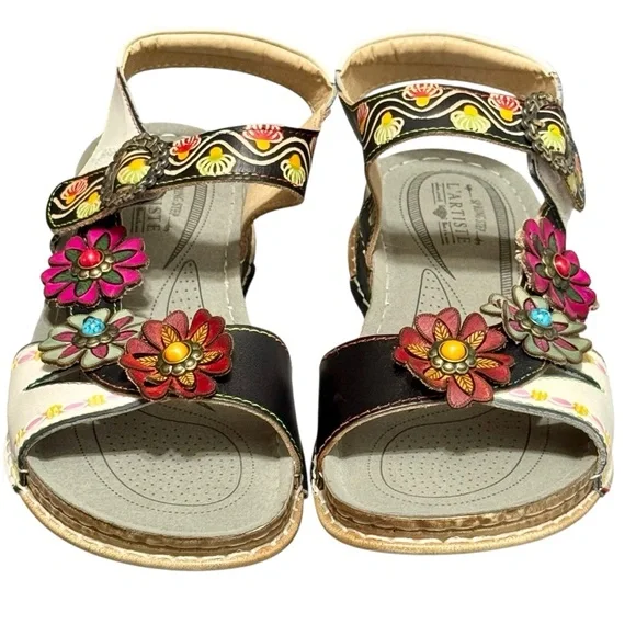 L'ARTISTE Nadira Genuine Leather Floral Embellished Strappy Comfortable Sandal - Picture 4 of 13
